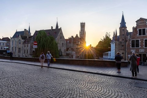 Sunset at the Dijver, behind Belfort Bell Tower, Rozenhoedkaai, Brugge, Belgium, Europe