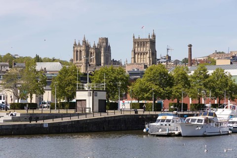 BRISTOL, UK - MAY 14 : View along the River Avon in Bristol on May 14, 2019. Unidentified people