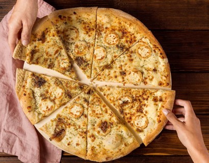 Top view hands taking slices pizza with cheese