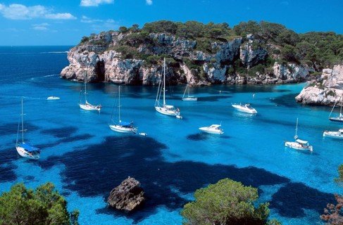 Sailboats in the bay, Cala Macarella, Menorca, Balearic Islands, Spain, Europe