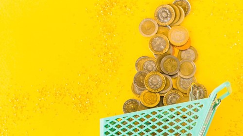Coins scattered from grocery cart