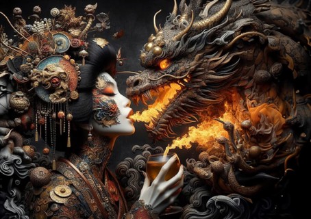 A steampunk porcelain tattoed geisha spitting flames of fire, taming and confronting a fierce