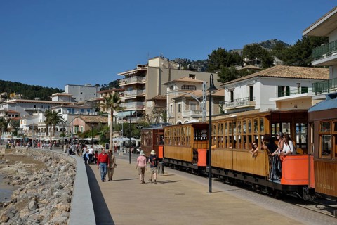 Historic tramway in Puerto de Sóller, Majorca, Balearic Islands, Spain, Europe