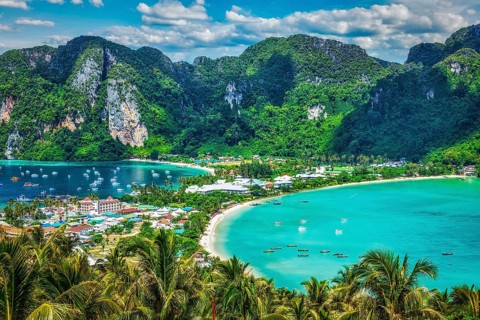 Travel vacation background, Tropical island with resorts, Phi-Phi island, Krabi Province, Thailand,