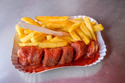 Currywurst with fries, Curry 36, Mehringdamm, Kreuzberg, Berlin, Germany, Europe