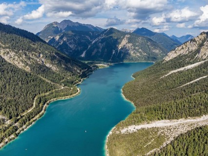 Aerial view of Plansee, Reutte, Ammergau Alps, Tyrol Austria, Plansee, Tyrol, Austria, Europe