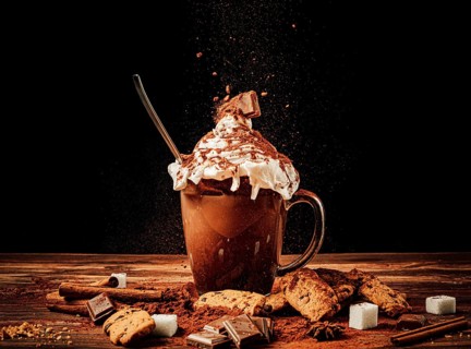 Food photography, cup with cocoa, cocoa powder, foam
