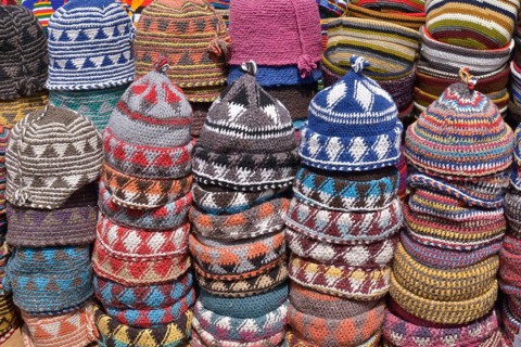 Woollen caps on sale in the souks, market, Marrakech, Marrakesh-Tensift-El Haouz region, Morocco,