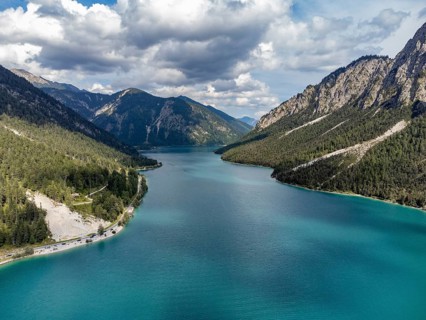Aerial view of Plansee, Reutte, Ammergau Alps, Tyrol Austria, Plansee, Tyrol, Austria, Europe