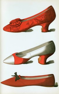 Shoe fashion in 1900, women's shoes, brocade shoe, red and white satin shoe, shoe belonging to Rosa