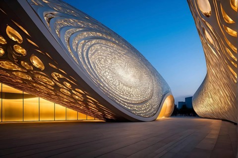 Modern art museum architecture inspired by seashells spiral patterns, AI generated