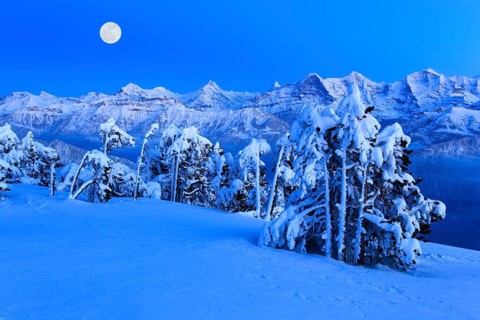 Bernese Alps, full moon, view from the Niederhorn, Bernese Oberland, Switzerland, Europe