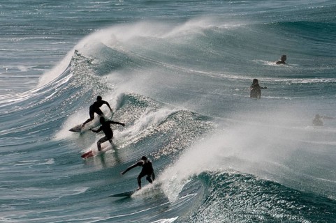 Fuerteventura, Canary Island, Surfers at Playa del Castillo in El Cotillo, Spain, Europe