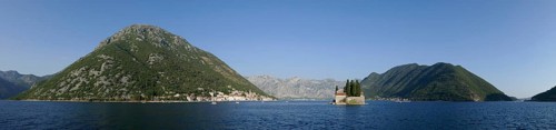 Panoramic view, view from the island of Maria from the Rock, Gospa od Skrpjela to Perast and the