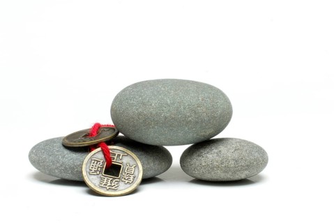 Stacked stones and Chinese lucky coins, coins, lucky coins, lucky coin, coin, freestanding, object