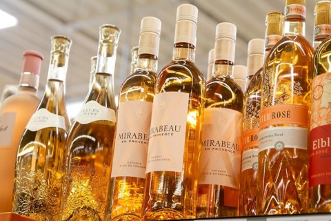 February 2024: Wine shelf with wine from France in the supermarket