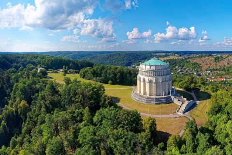 Aerial view, monument Befreiungshalle Kehlheim, round hall with dome, 45 m high, 29 m diameter,