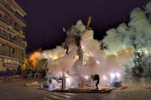 A burning Falla, a papier-mâché figure, at the Falles or Fallas spring festival, Pego, Province of