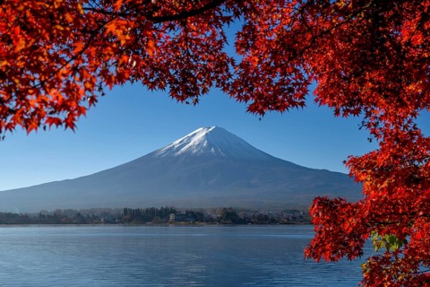 Volcano Fuji or Fudschijama with snow at the summit, 3776 m, with Lake Kawaguchi, framed by red