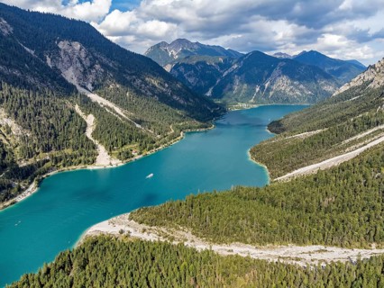 Aerial view of Plansee, Reutte, Ammergau Alps, Tyrol Austria, Plansee, Tyrol, Austria, Europe