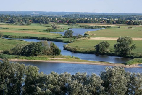 The Elbe and tributaries in the Elbe floodplain of Lower Saxony. Elbe floodplain and Elbe dike