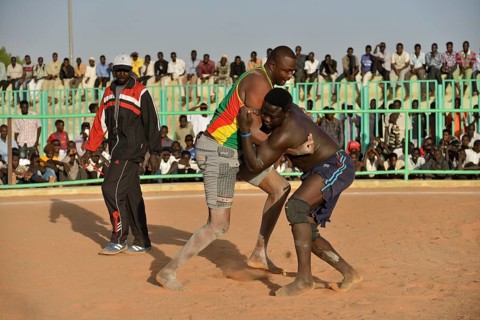 Nuba fighting, Nuba Wrestling, Haj Yusef district, Kharthoum, Sudan, Africa