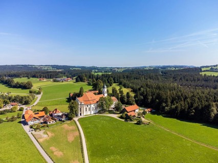Aerial view of the pilgrimage church, Wieskirche, Steingaden, Romantic Road, Pfaffenwinkel, Upper