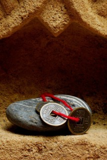 Stone and Chinese lucky coin, coins, lucky coins, lucky coin, coin