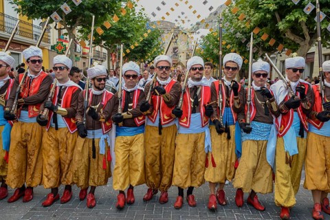 Group in traditional clothing, Moors and Christians Parade, Moros y Cristianos, Jijona or Xixona,