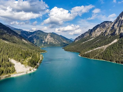 Aerial view of Plansee, Reutte, Ammergau Alps, Tyrol Austria, Plansee, Tyrol, Austria, Europe