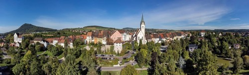 Aerial view of the town of Engen with the Church of the Assumption of the Virgin Mary, on the left