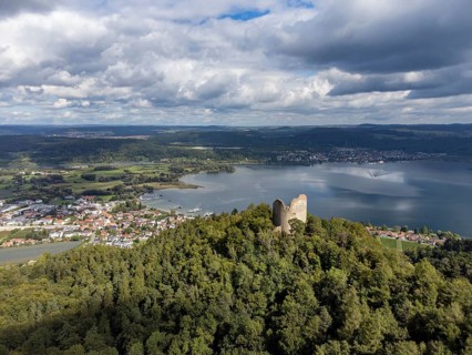 Aerial view of Lake Constance with the ruins of Altbodman with the village of Bodman-Ludwigshafen,