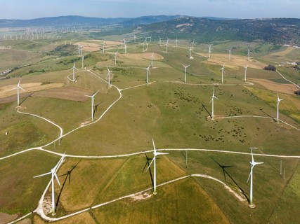Windmills on a wind farm near Zahara de los Atunes, aerial view, drone shot, Cádiz province,