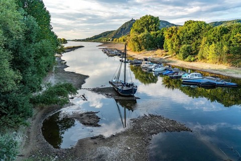 The Rhine at extremely low water, near Bad Honnef Rhöndorf, below the Drachenfels, the historic