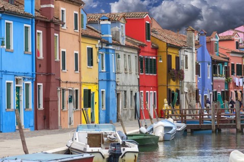 Colourful houses on the canal, Burano, Veneto, Italy, Europe