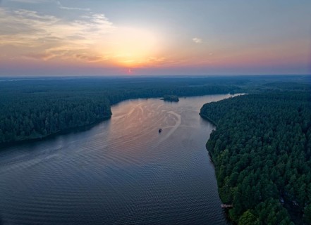 Aerial view of Lake Rospuda in the evening light in northern Poland. Augustow, Podlaskie, Poland,