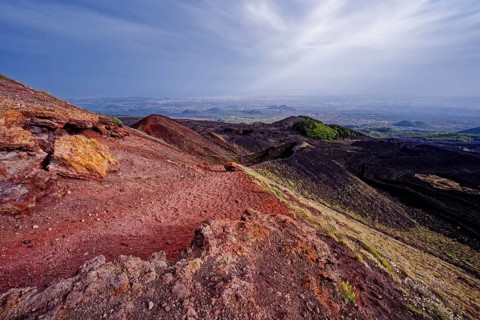 Lava rock and crater landscape around the Crateri Silvestri in the Etna National Park, Parco