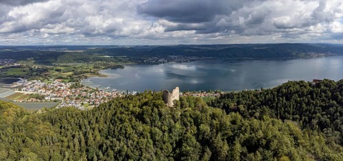 Aerial view of Lake Constance with the ruins of Altbodman with the village of Bodman-Ludwigshafen,