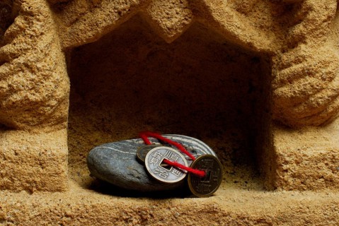 Stone and Chinese lucky coin, coins, lucky coins, lucky coin, coin