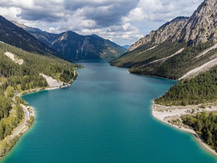 Aerial view of Plansee, Reutte, Ammergau Alps, Tyrol Austria, Plansee, Tyrol, Austria, Europe