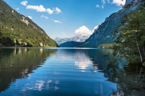 View over Lake Klöntal, Canton Glarus, Switzerland, Europe