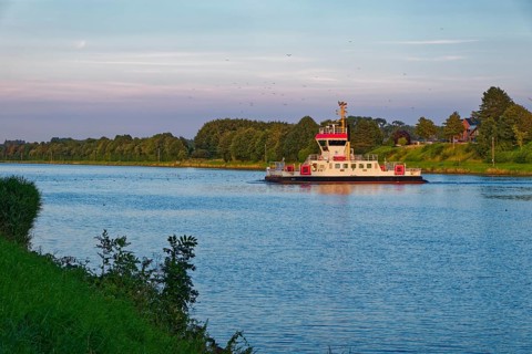 The Pillau canal ferry at the Sehestedt-Süd ferry terminal on the Kiel Canal. Sehestedt,