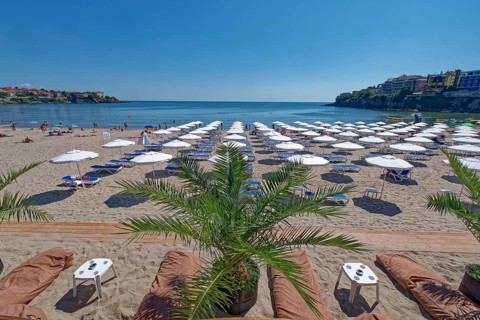 Beach at the bay of Burgas on the Black Sea. Sozopol, Burgas, Bulgaria, Europe
