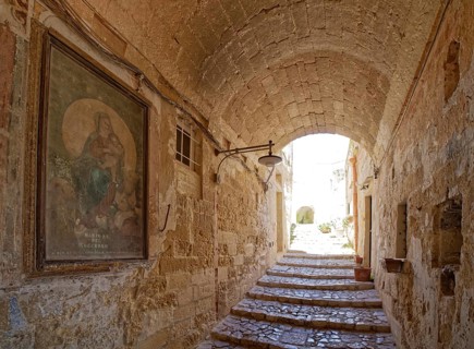Paths and corridors in the tuff of the Sassi Barisano in the cave town of Matera. The cave