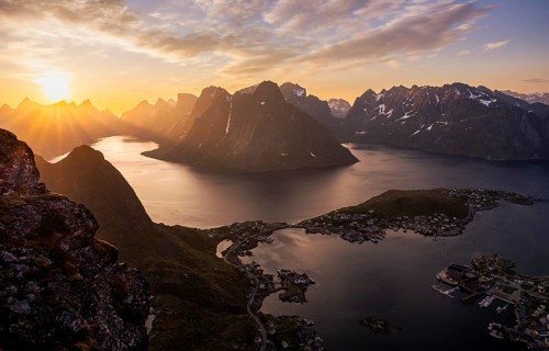 Mountain landscape, view from Reinebringen mountain to the village of Reine and Gravdalsbukta