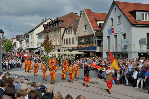 Local costume group parading at Zwetschgenfest, plum festival, Bühl, Baden, Baden-Württemberg,