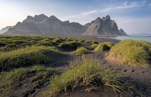 Black beach with volcanic sand, sandy beach, dunes with grass, Stokksnes headland, Klifatindur