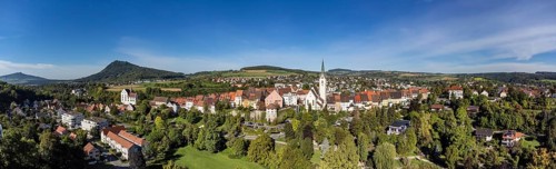 Aerial view of the old town of Engen with the Church of the Assumption of the Virgin Mary, on the
