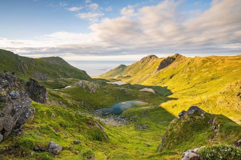 View of mountains and landscape along the Dronningruta hike, near Nyksund, Langøya Island,