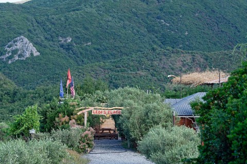 Ledi's Place, restaurant, hostel and camp, in the Albanian Alps at Lake Koman in northern Albania.
